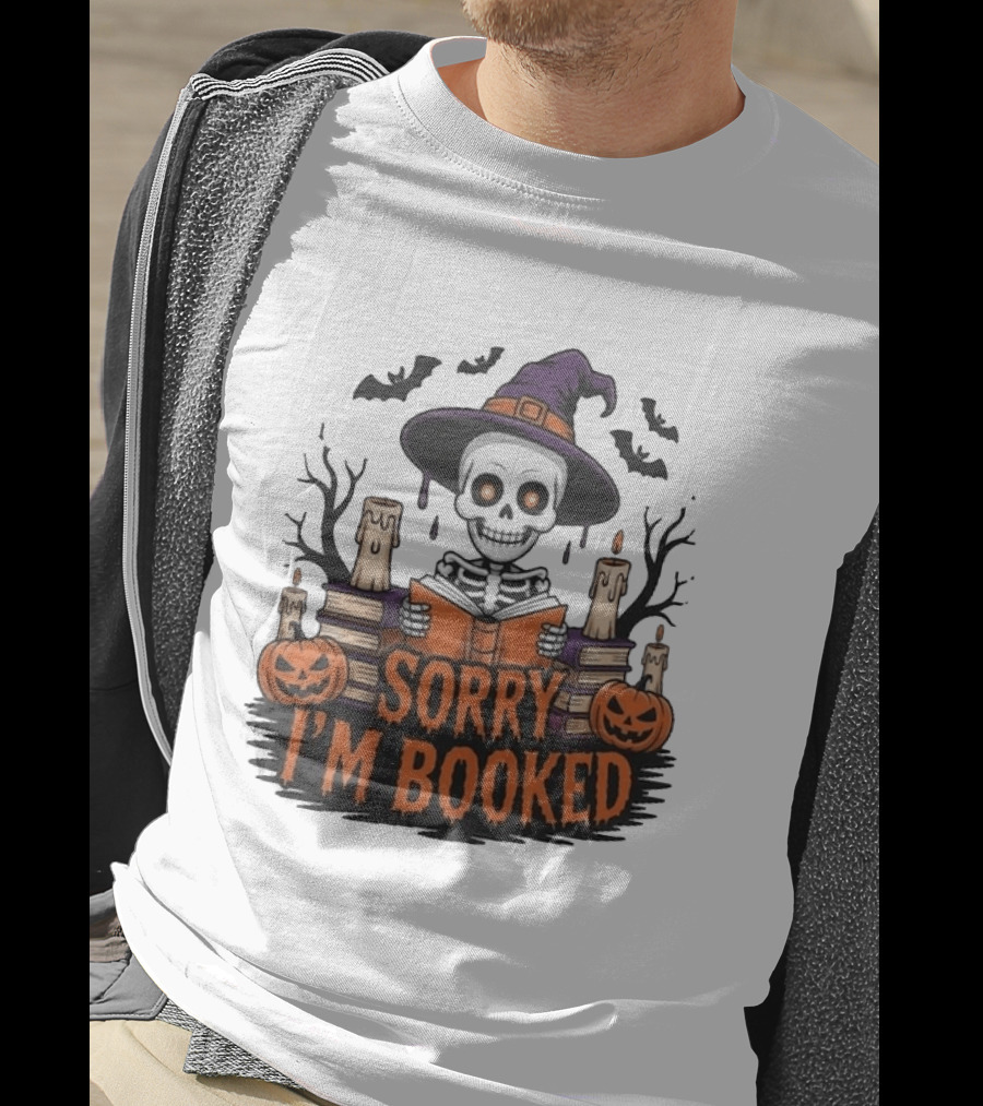 Sorry I'm Booked Skeleton Witch Halloween Reading Pumpkins Spooky Books T-Shirt