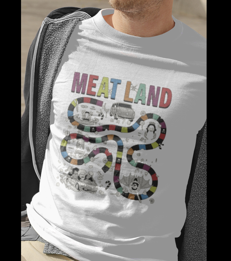 Meatcanyon Store Meat Land Off White Board Game Path Characters T-Shirt