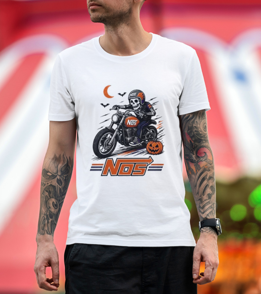 NOS Skeleton Biker Halloween Pumpkin Moon Bats T-Shirt
