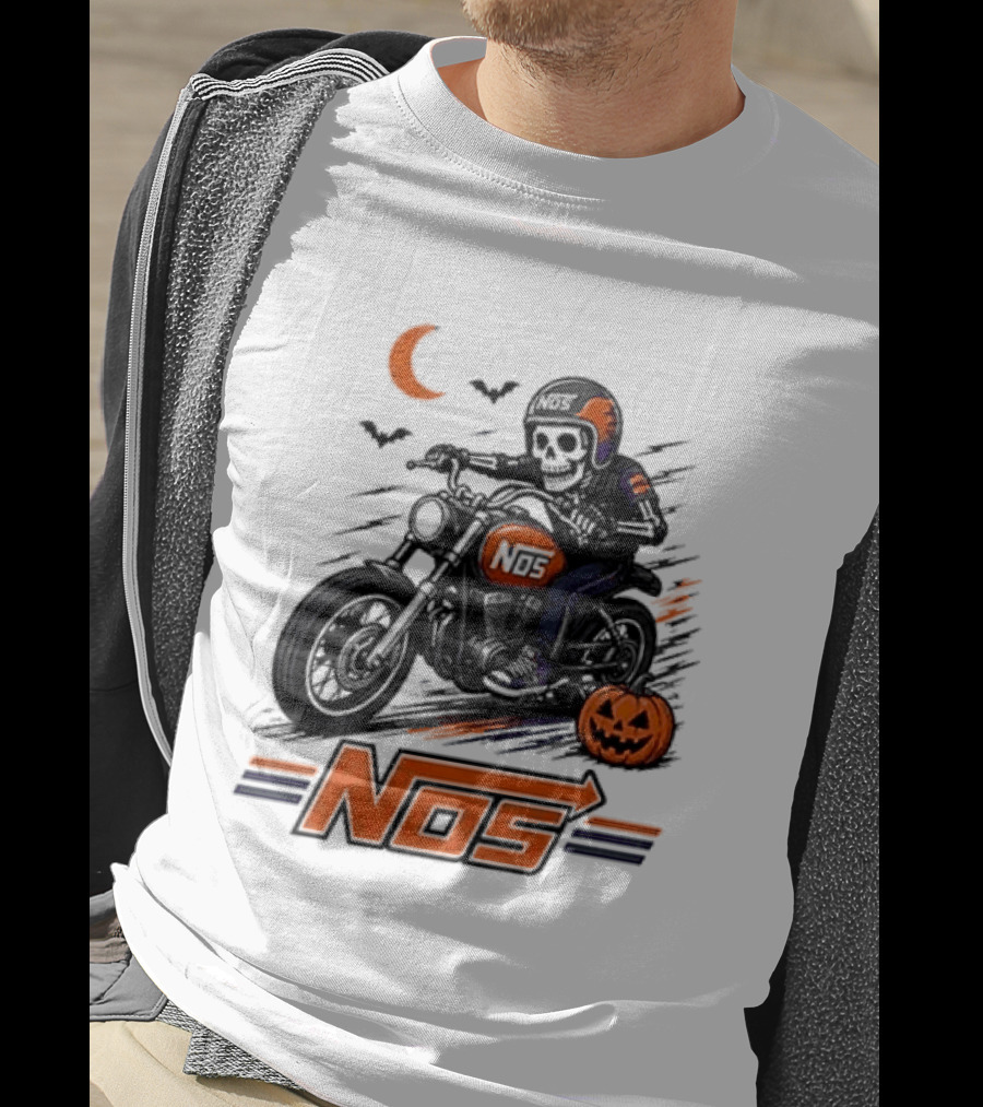 NOS Skeleton Biker Halloween Pumpkin Moon Bats T-Shirt