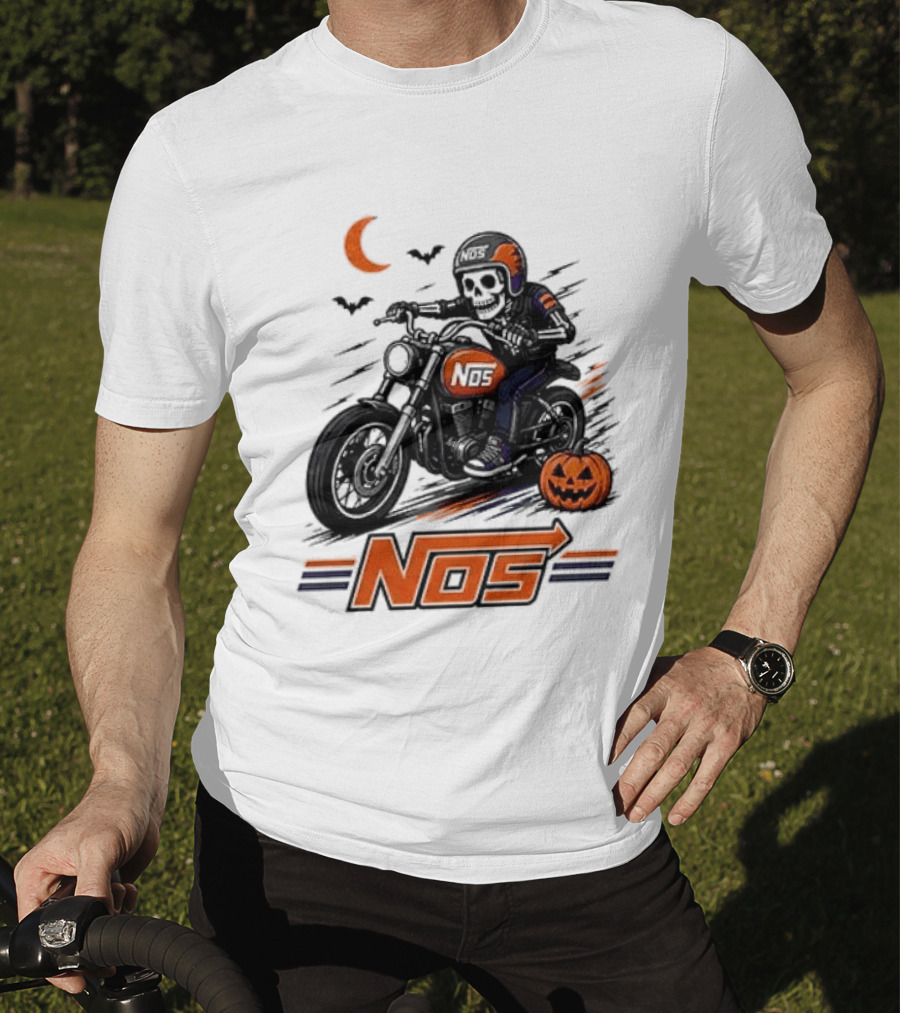 NOS Skeleton Biker Halloween Pumpkin Moon Bats T-Shirt