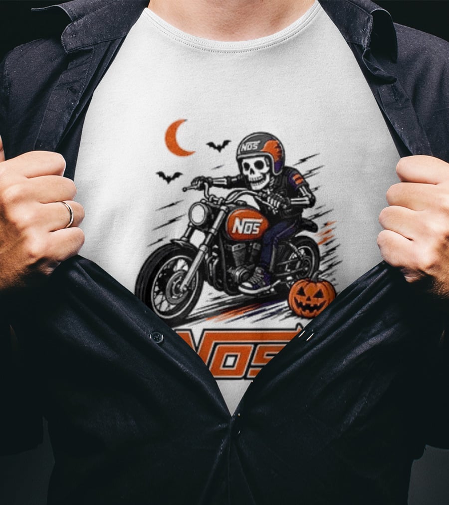 NOS Skeleton Biker Halloween Pumpkin Moon Bats T-Shirt