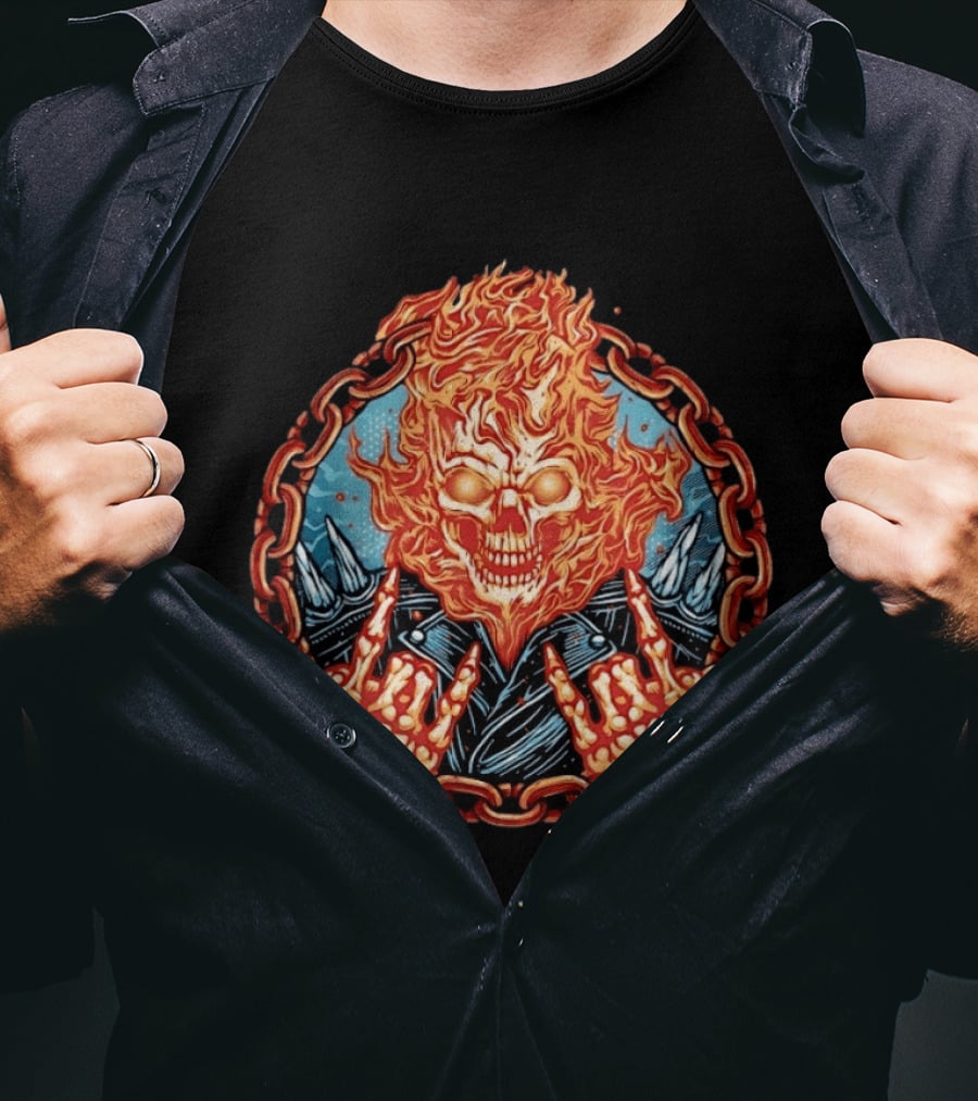 Ghost Rider Flaming Skull Heavy Metal Fiery Chain Rock And Roll T-Shirt