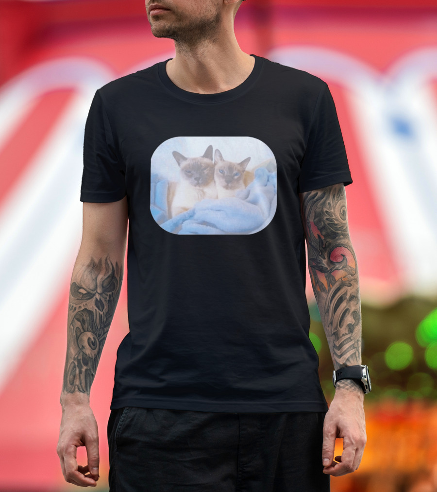 Siamese Cats Snuggling In Blue Blanket T-Shirt