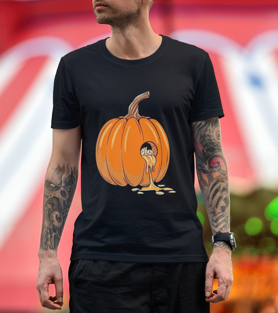 Gourdy Hole Halloween Pumpkin With Seeds Streaming Out T-Shirt