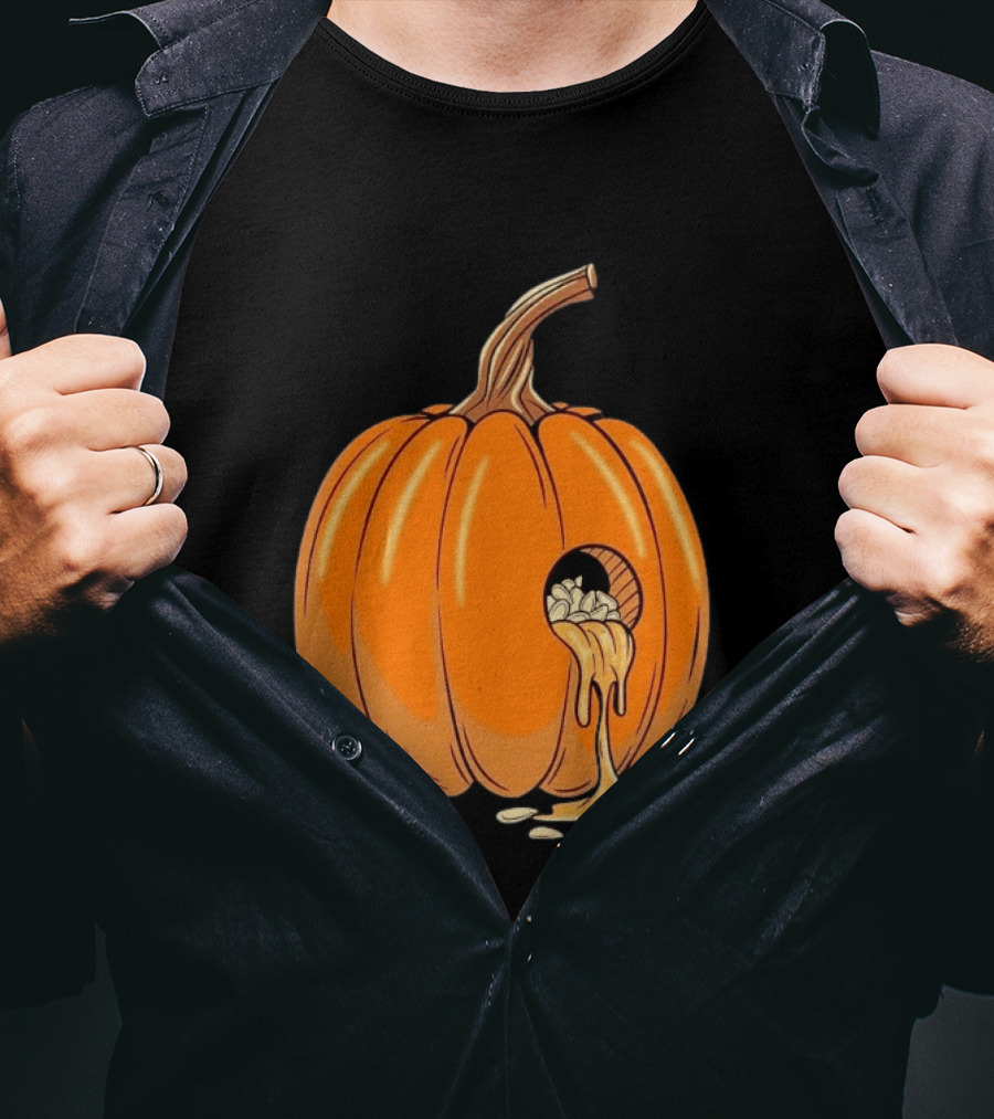 Gourdy Hole Halloween Pumpkin With Seeds Streaming Out T-Shirt