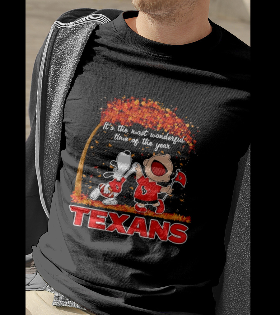 Snoopy And Charlie Brown It's The Most Wonderful Time Of The Year Texans Football Fan Celebration T-Shirt