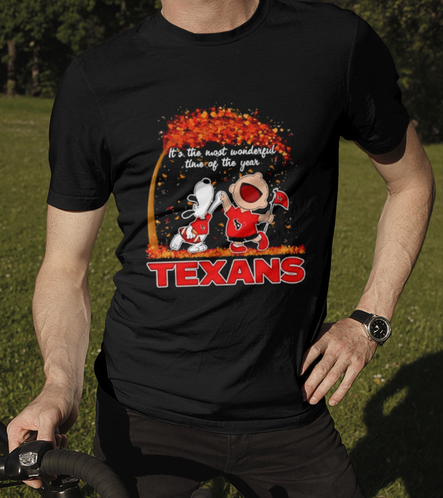 Snoopy And Charlie Brown It's The Most Wonderful Time Of The Year Texans Football Fan Celebration T-Shirt