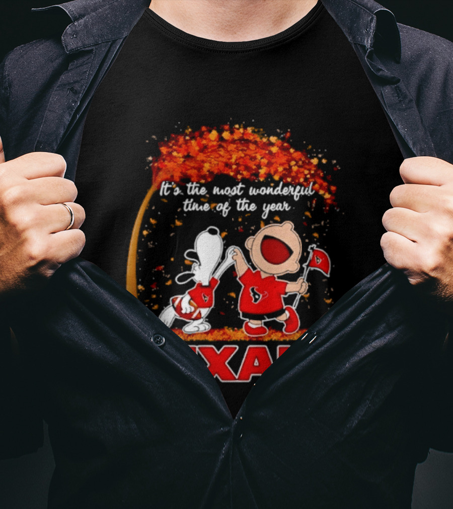 Snoopy And Charlie Brown It's The Most Wonderful Time Of The Year Texans Football Fan Celebration T-Shirt