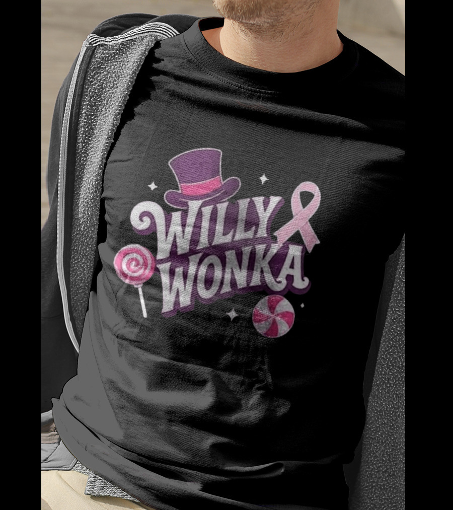 Willy Wonka Pink Ribbon Sweetness Strength And Sparkle With Candy And Top Hat T-Shirt