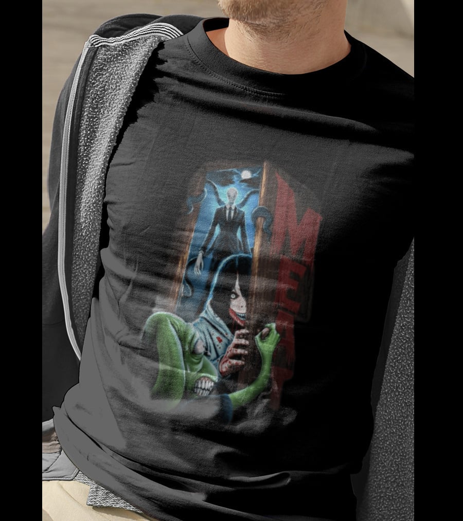 Meatcanyon Store Knock Knock Creepy Distressed Characters Horror Scene T-Shirt