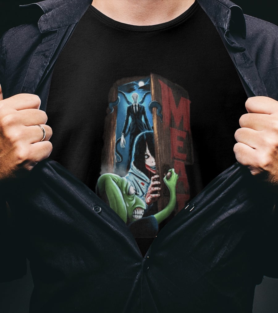 Meatcanyon Store Knock Knock Creepy Distressed Characters Horror Scene T-Shirt