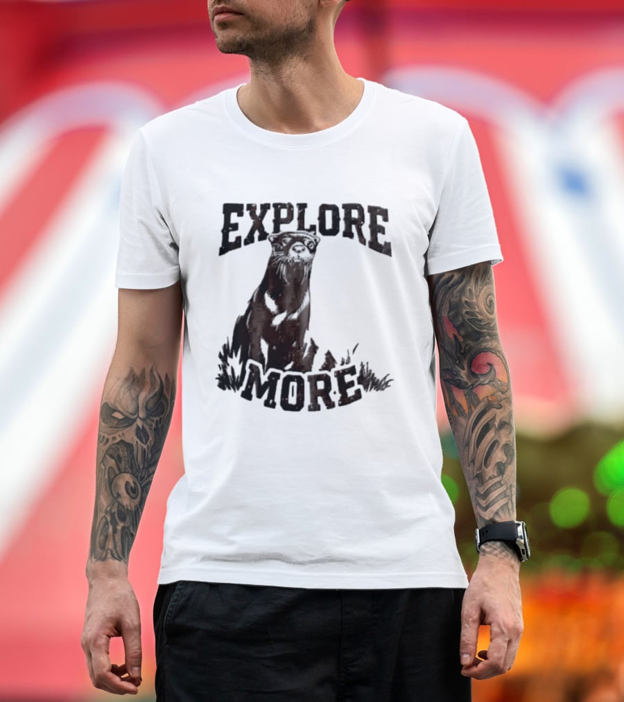 Explore More River Otter Tall Grass Distressed Woodcut Black White T-Shirt