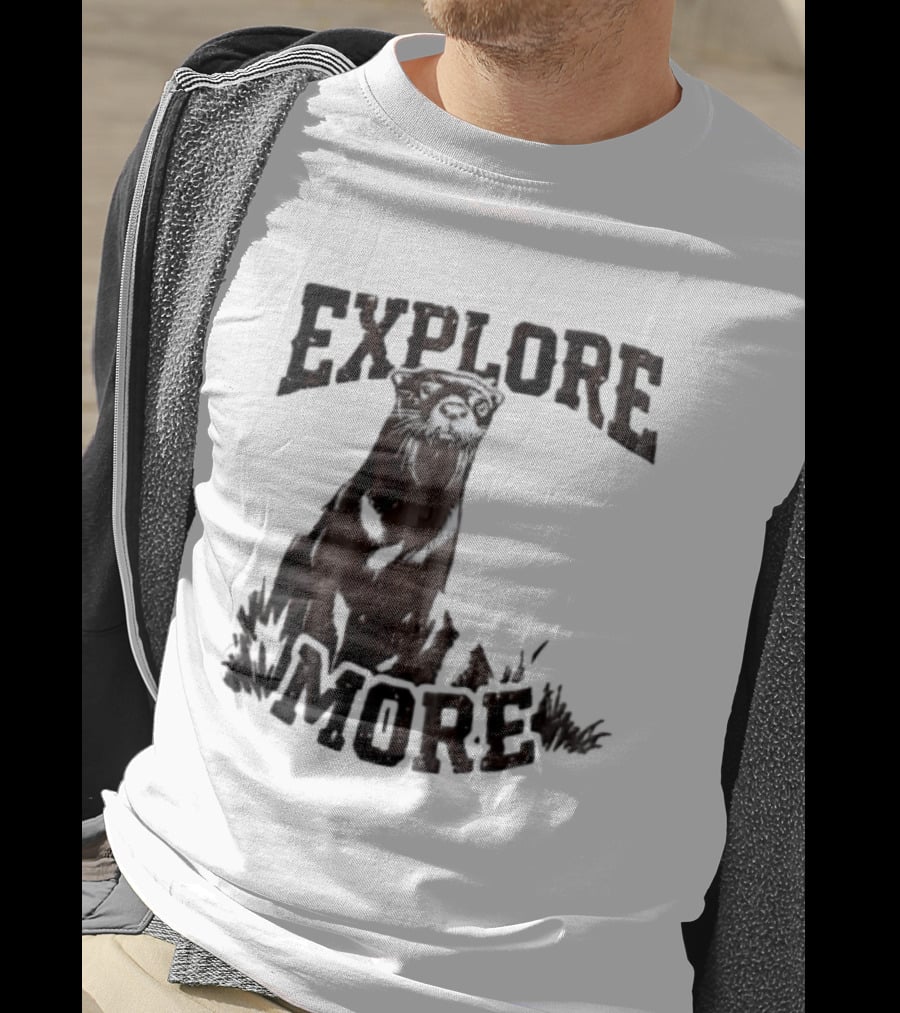 Explore More River Otter Tall Grass Distressed Woodcut Black White T-Shirt