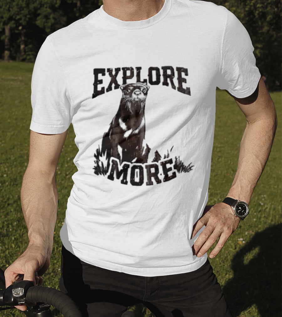 Explore More River Otter Tall Grass Distressed Woodcut Black White T-Shirt