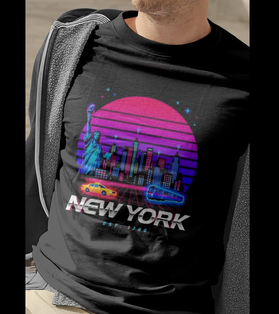 New York Est 1786 Cityscape Synthwave Statue Of Liberty Neon Skyline Retro Car T-Shirt