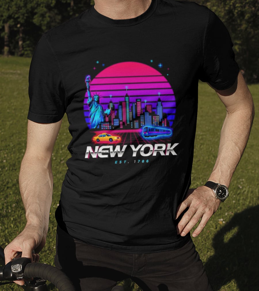 New York Est 1786 Cityscape Synthwave Statue Of Liberty Neon Skyline Retro Car T-Shirt