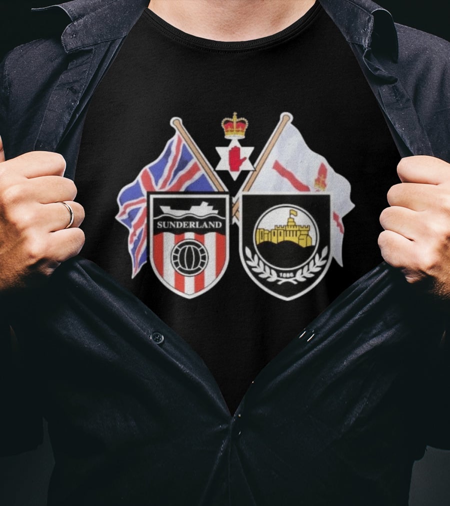 Sunderland And Linfield FC Crests Union Jack Northern Ireland Flags T-Shirt