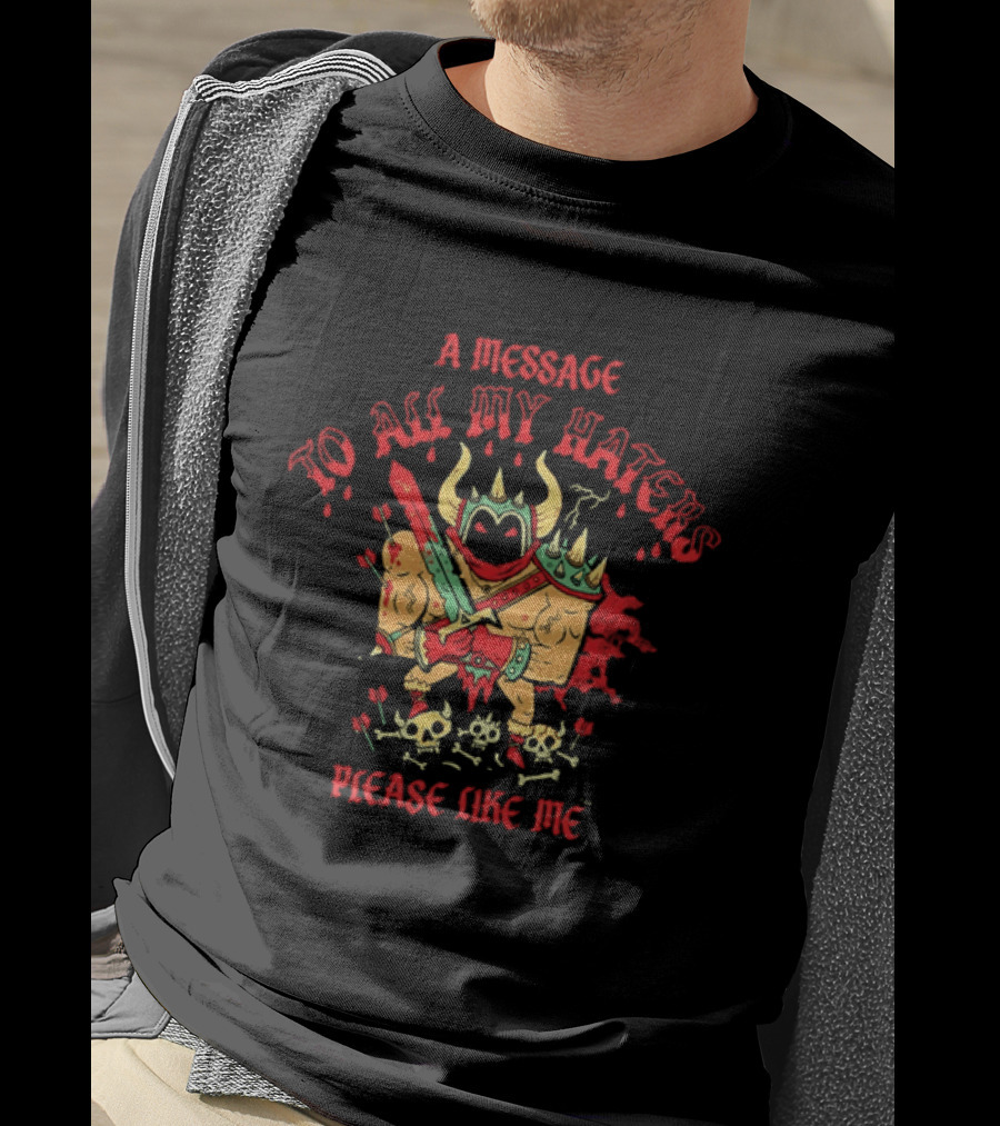 A Message To All My Haters Please Like Me Horned Warrior With Swords Skulls And Flames T-Shirt