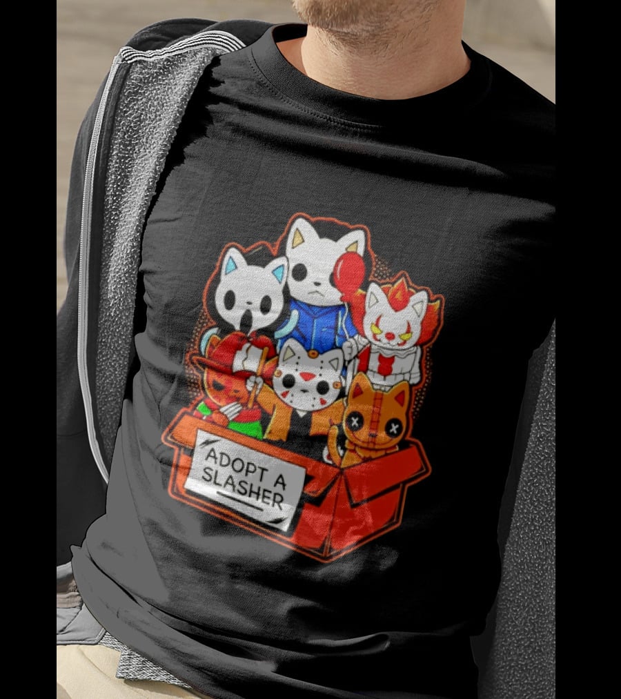 Adopt A Slasher Horror Movie Cat Characters Box Featuring Iconic Halloween Villains T-Shirt