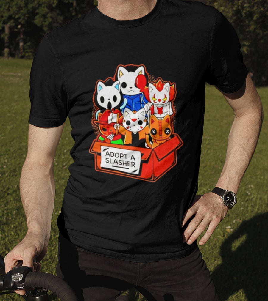 Adopt A Slasher Horror Movie Cat Characters Box Featuring Iconic Halloween Villains T-Shirt
