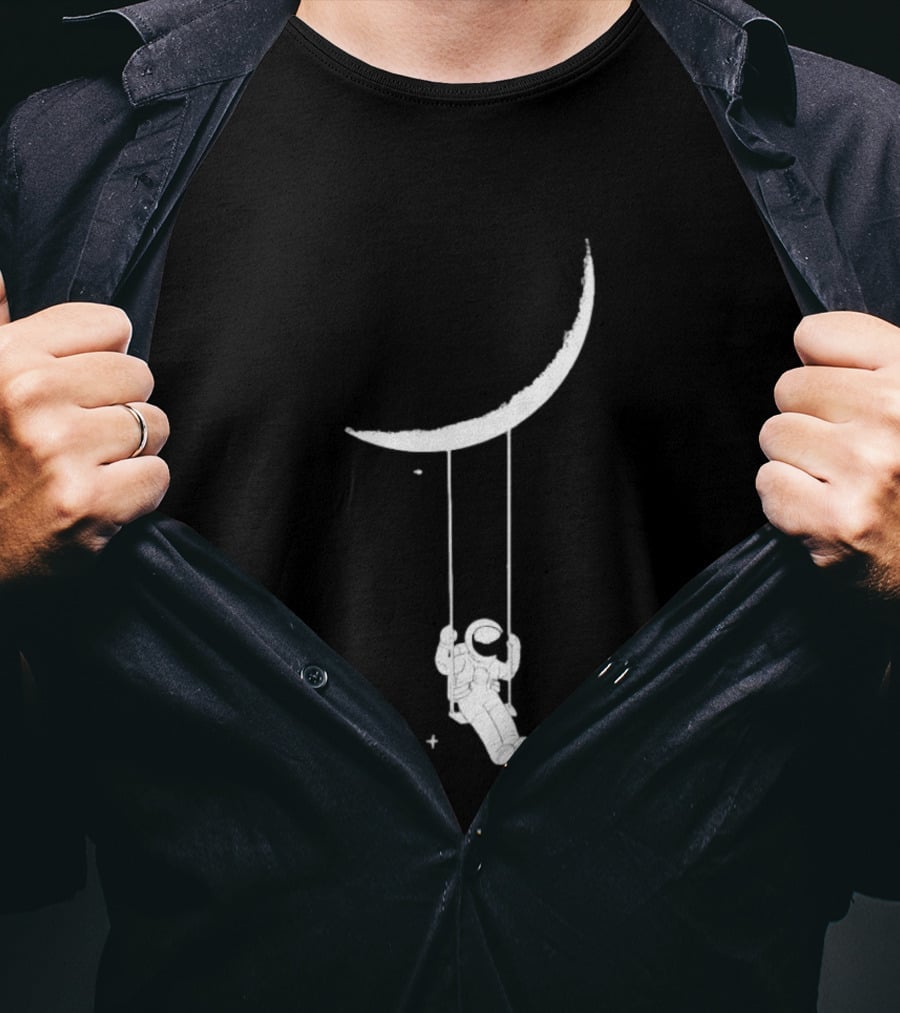 Astronaut Swinging On Crescent Moon Space Scene T-Shirt