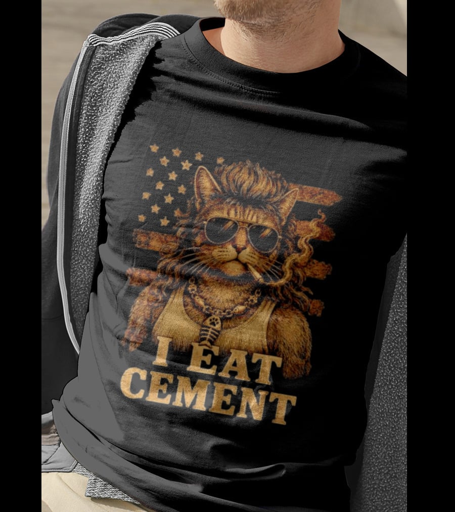 I Eat Cement Mullet Cat With Sunglasses And American Flag T-Shirt