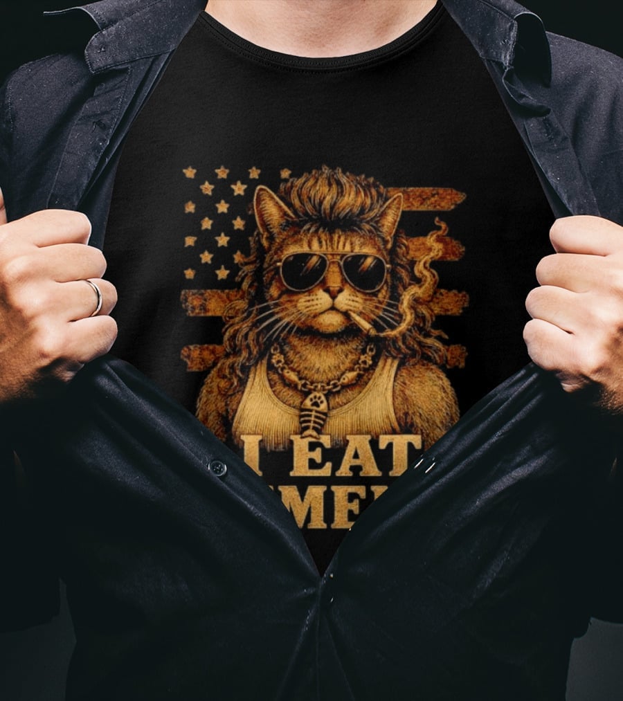 I Eat Cement Mullet Cat With Sunglasses And American Flag T-Shirt