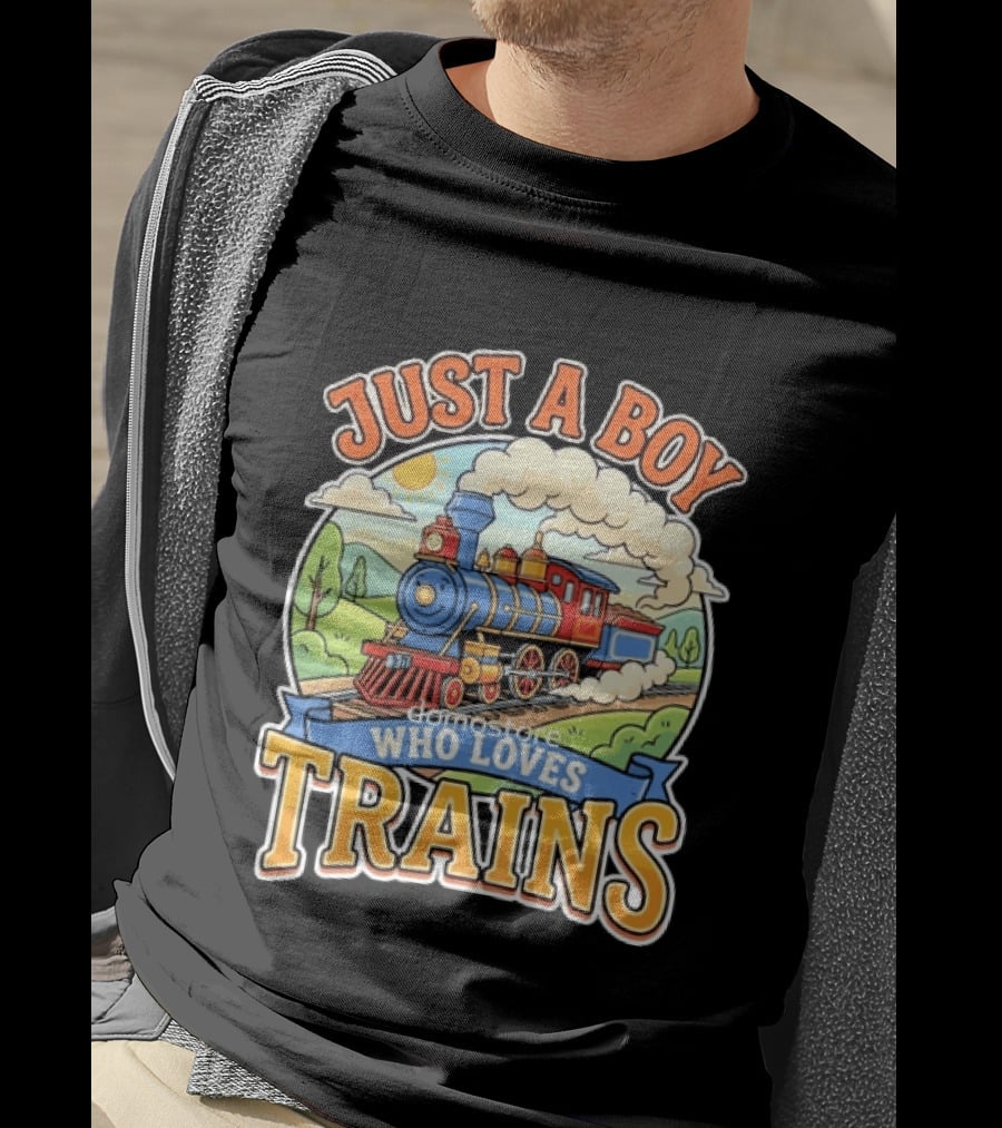 Just A Boy Who Loves Trains Colorful Locomotive Adventure T-Shirt