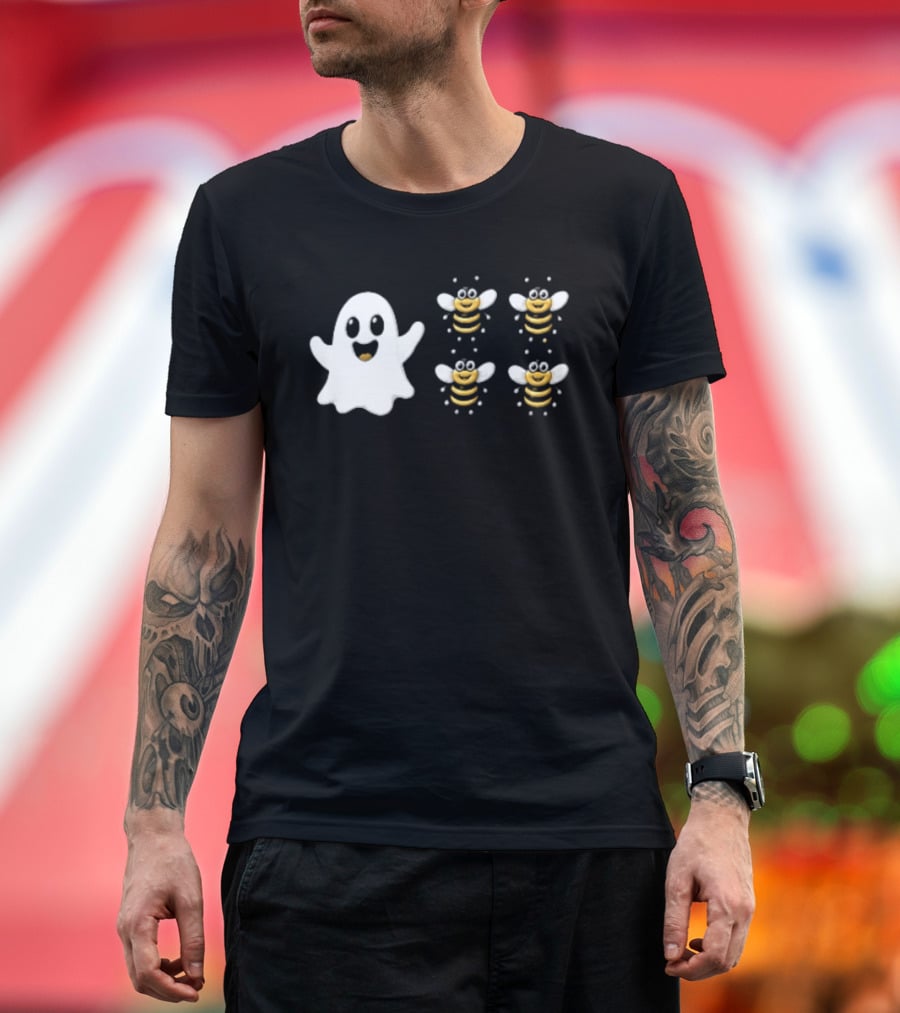 Cartoon White Ghost And Waving Four Bumblebees Cute T-Shirt