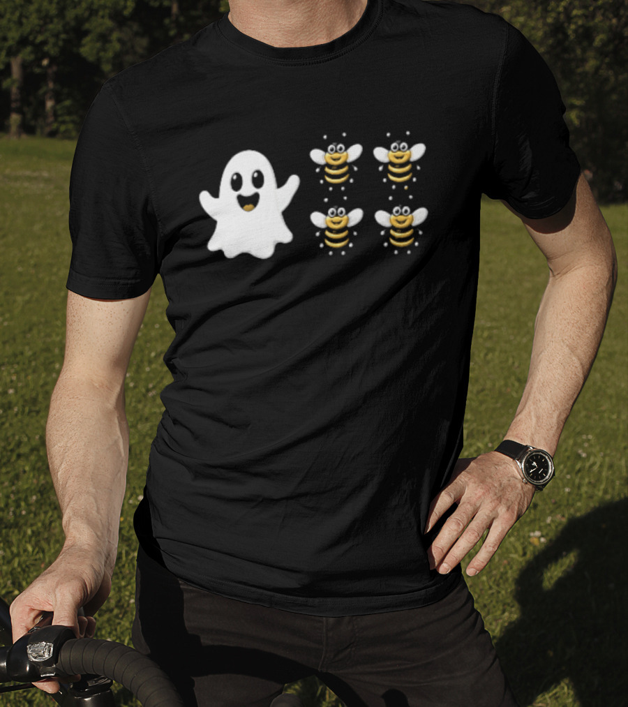 Cartoon White Ghost And Waving Four Bumblebees Cute T-Shirt