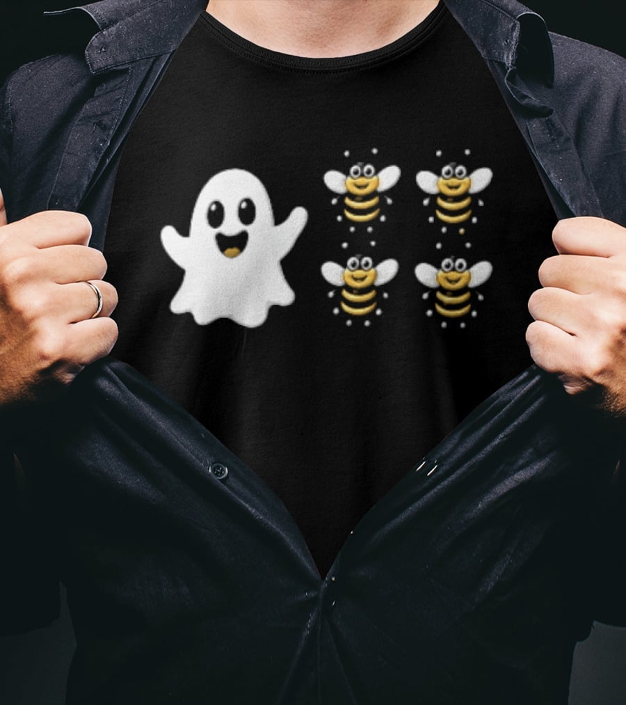 Cartoon White Ghost And Waving Four Bumblebees Cute T-Shirt