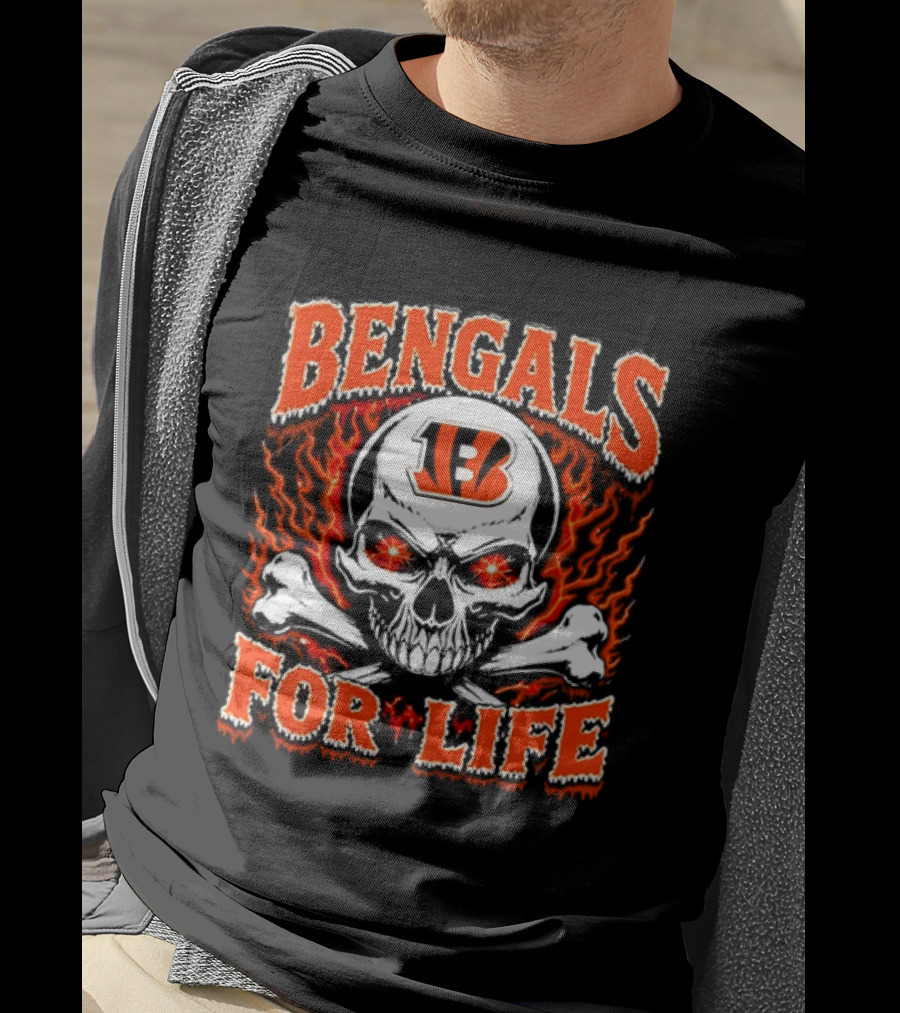 Bengals For Life Skull And Crossbones Fiery T-Shirt