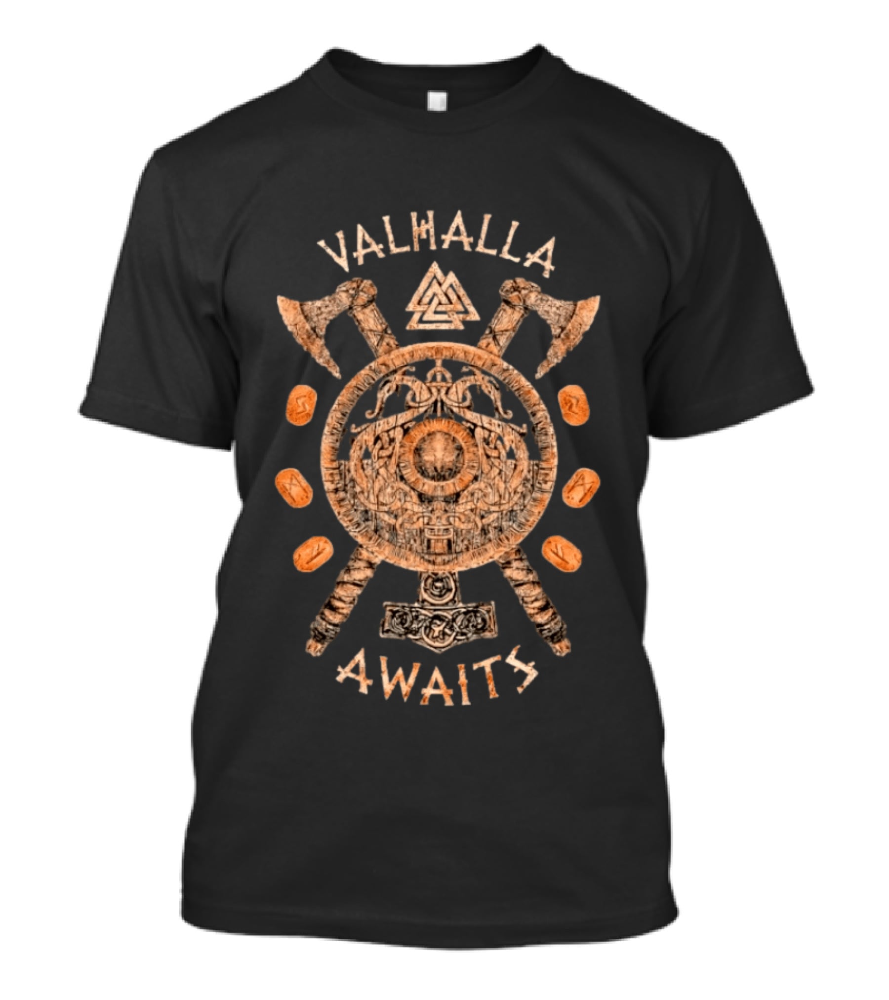 Valhalla Awaits Distressed Viking Shield Axes Norse Symbolism T-Shirt