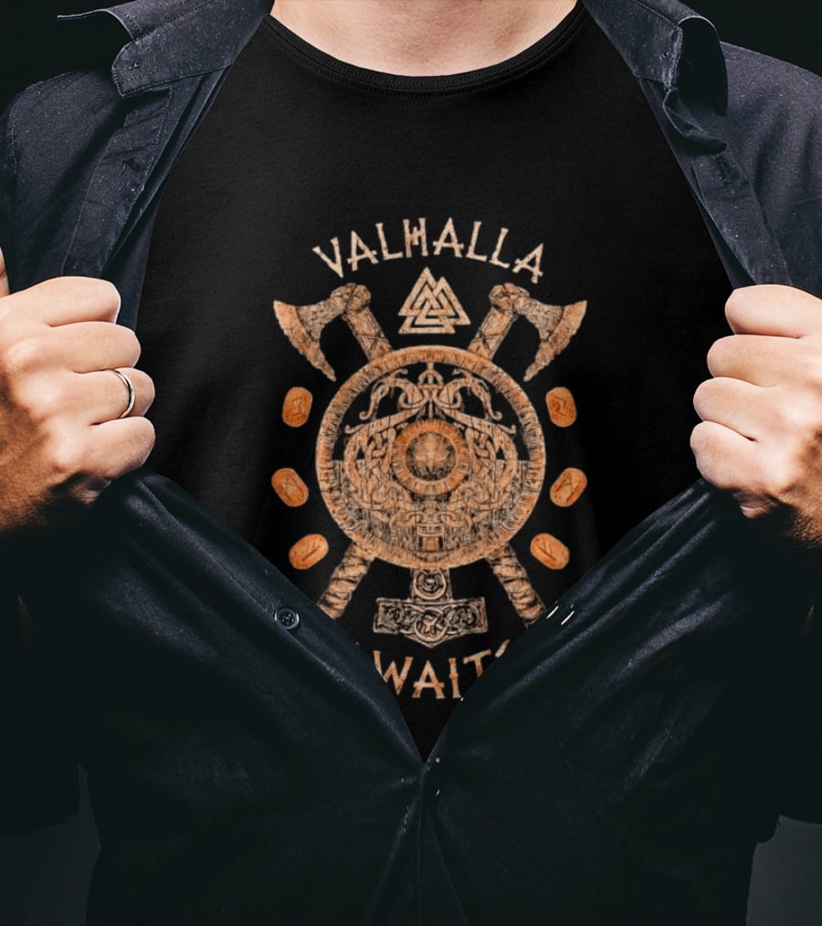 Valhalla Awaits Distressed Viking Shield Axes Norse Symbolism T-Shirt