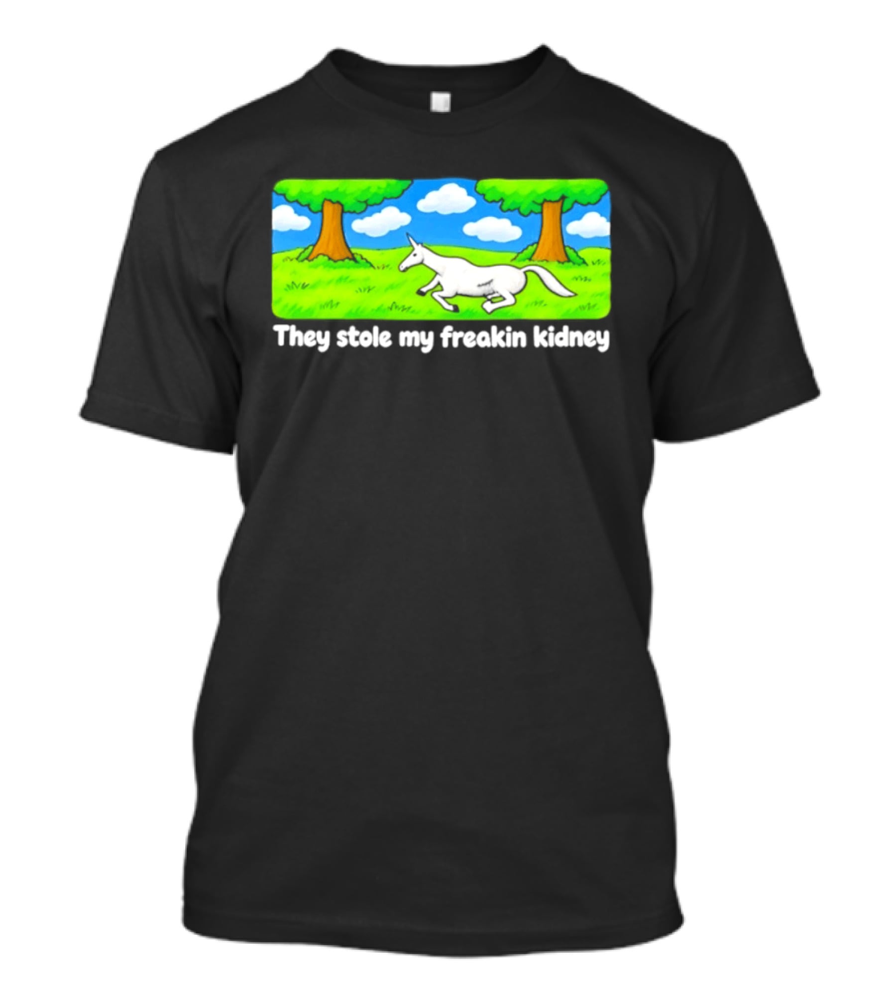 They Stole My Freakin Kidney Unicorn Cartoon Scene T-Shirt