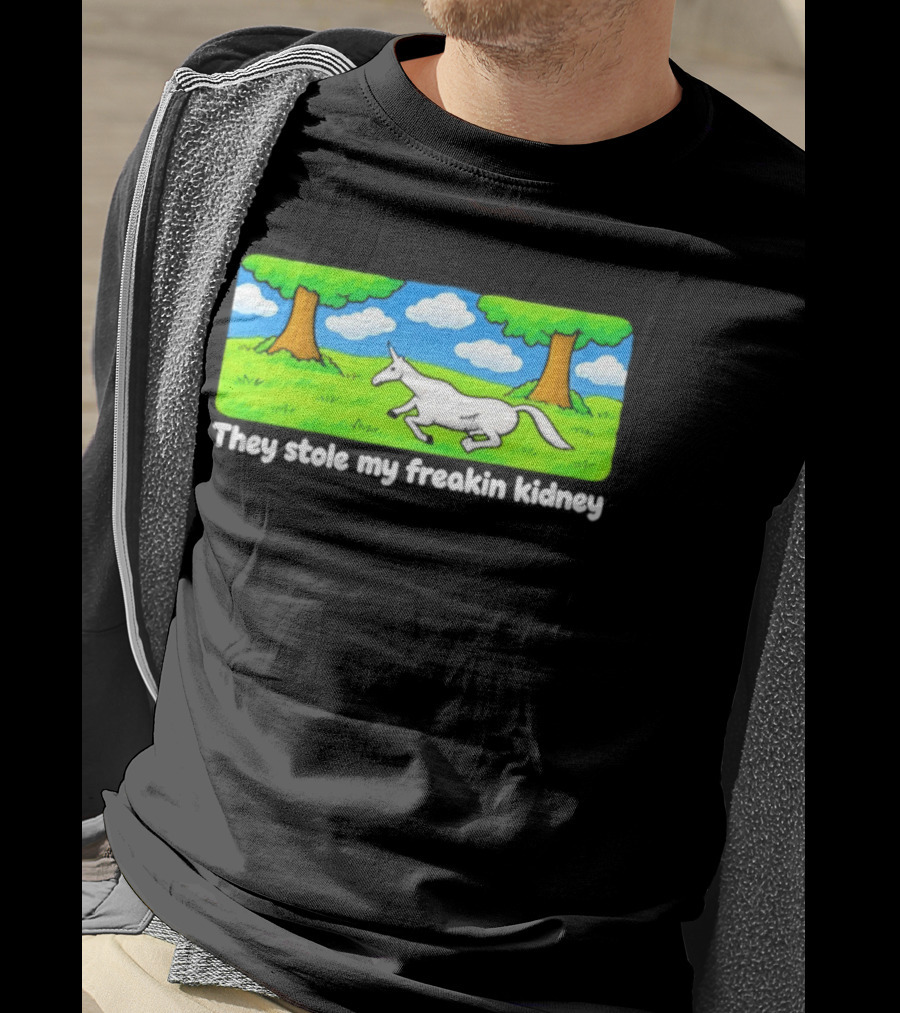 They Stole My Freakin Kidney Unicorn Cartoon Scene T-Shirt