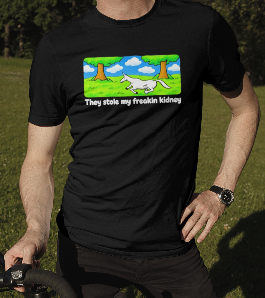They Stole My Freakin Kidney Unicorn Cartoon Scene T-Shirt