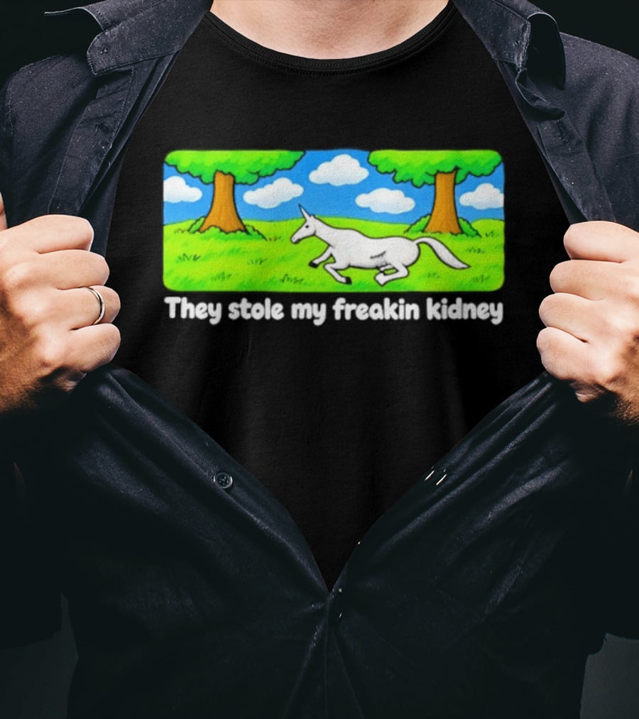 They Stole My Freakin Kidney Unicorn Cartoon Scene T-Shirt