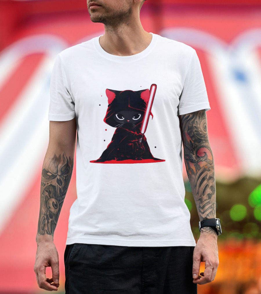 Black Cat Sith With Red Lightsaber Cloaked In Darkness T-Shirt