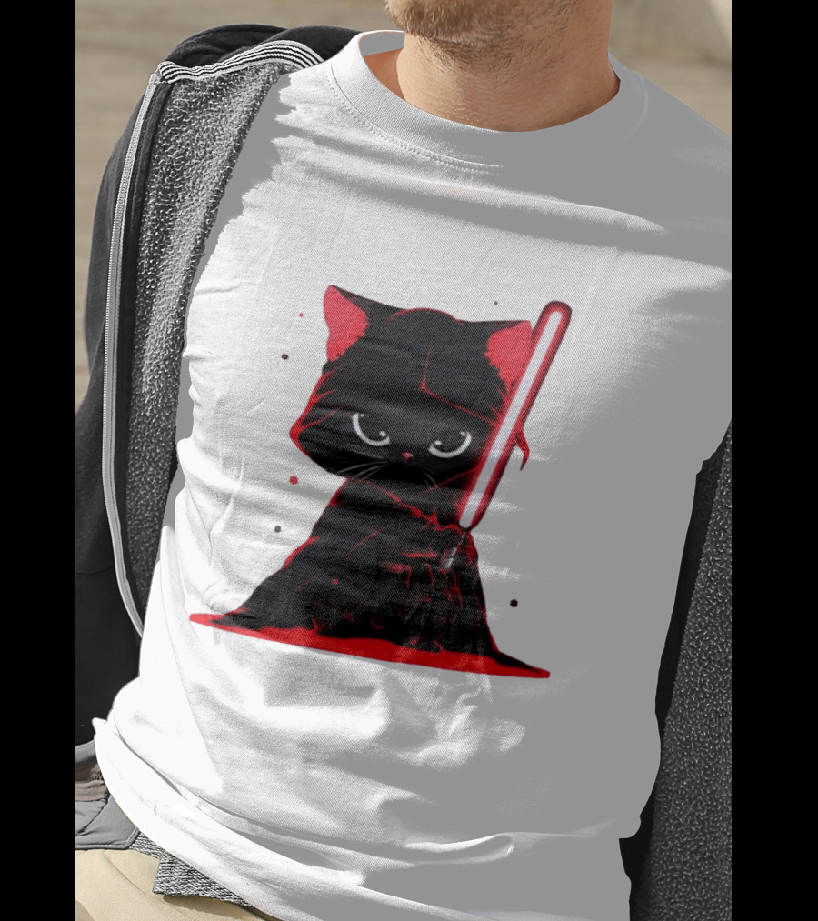 Black Cat Sith With Red Lightsaber Cloaked In Darkness T-Shirt