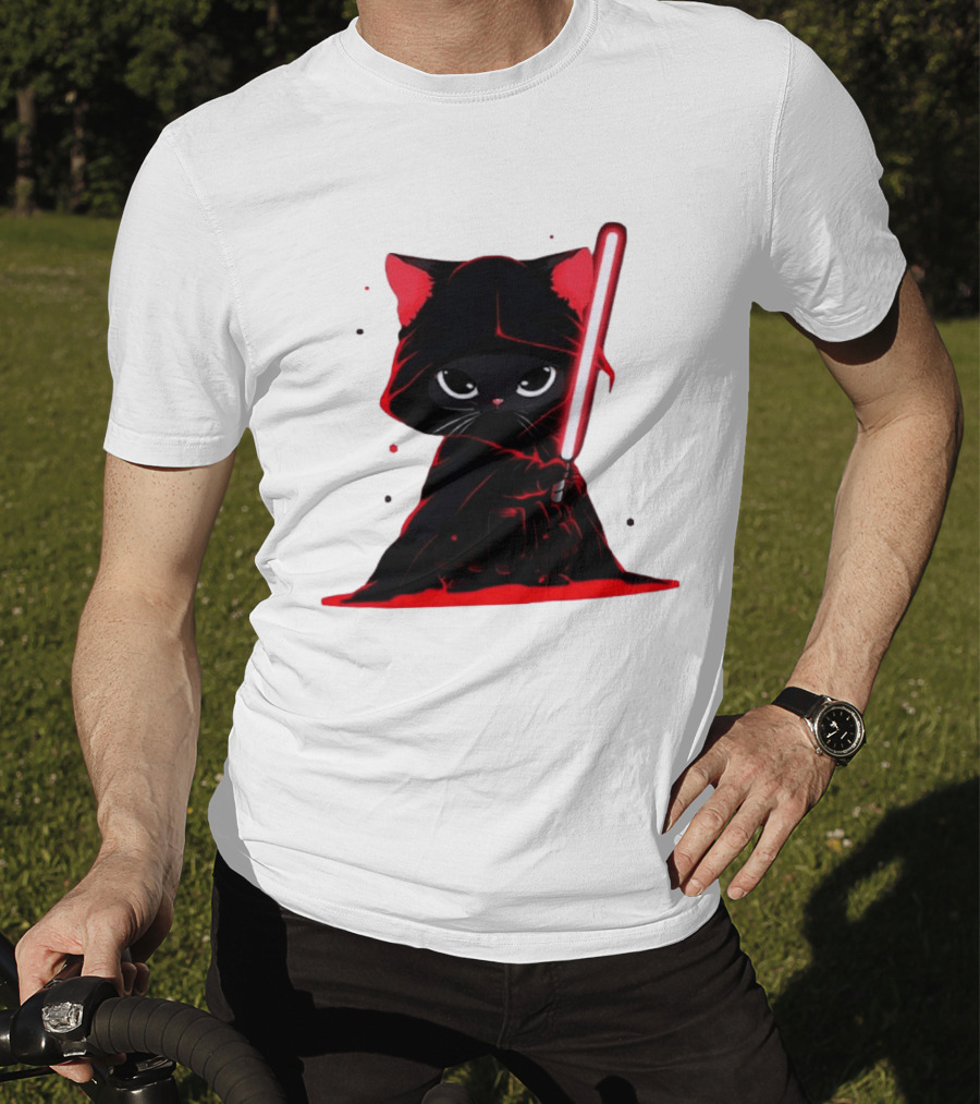 Black Cat Sith With Red Lightsaber Cloaked In Darkness T-Shirt