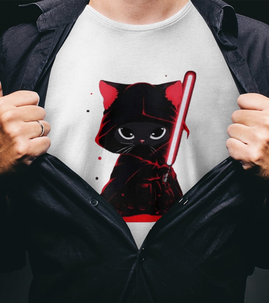 Black Cat Sith With Red Lightsaber Cloaked In Darkness T-Shirt