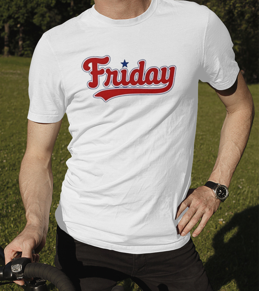 Friday Weekend Casual Baseball Style Script Red Text With Star T-Shirt