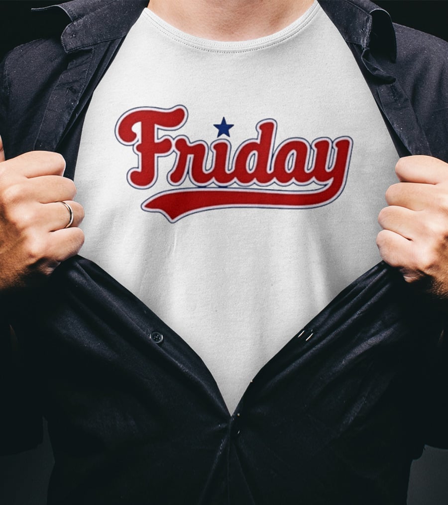Friday Weekend Casual Baseball Style Script Red Text With Star T-Shirt