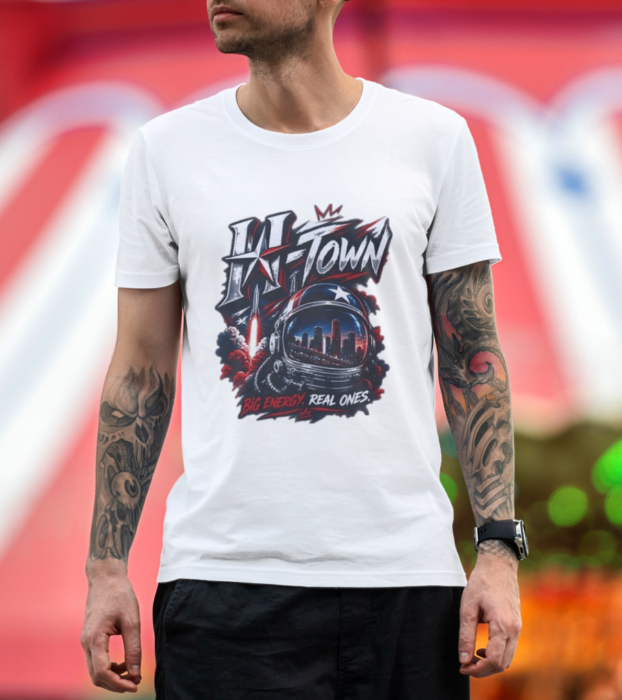 H Town Big Energy Real Ones Houston Astronaut Skyline T-Shirt