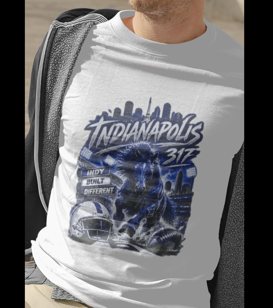 Indianapolis Colts 317 Indy Built Different Football Horse Helmet Skyline T-Shirt
