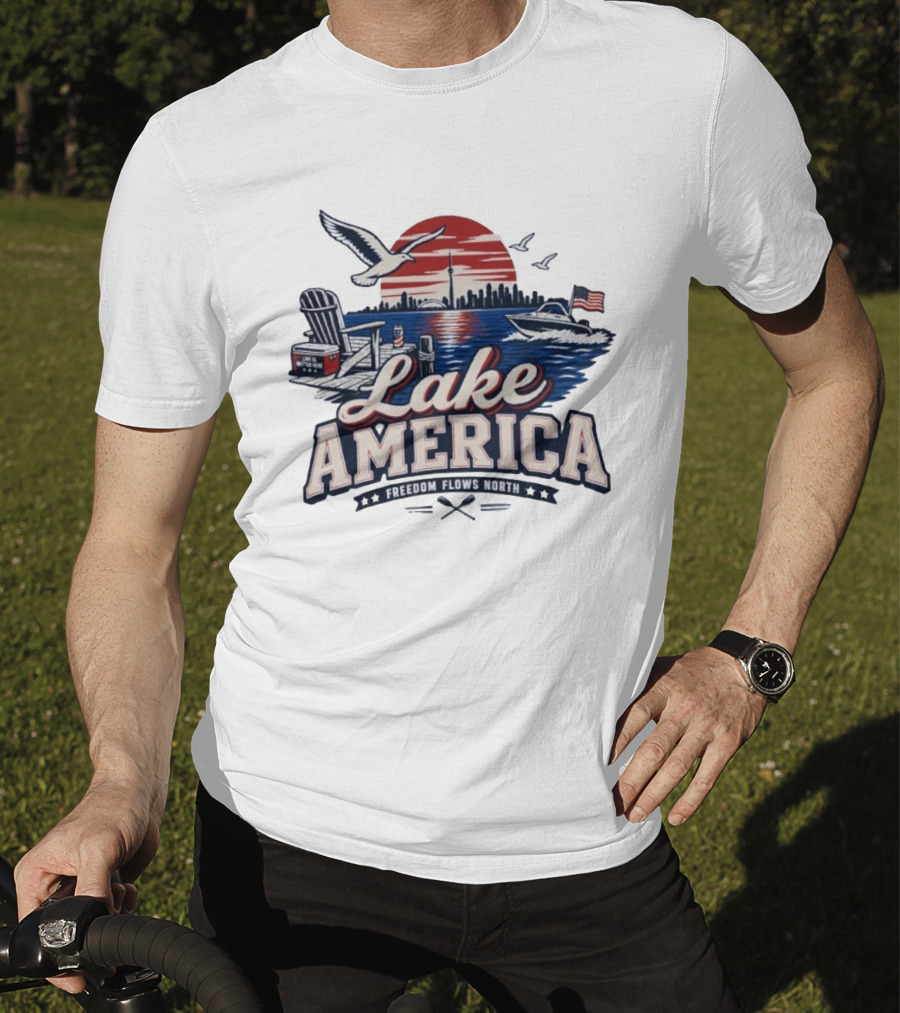 Lake America Freedom Flows North Sun Boats Good Times Seagulls Adirondack Chair Skyline And Flag T-Shirt