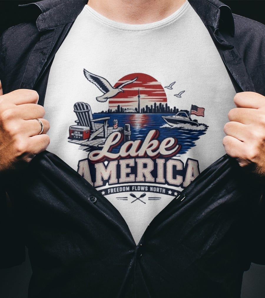 Lake America Freedom Flows North Sun Boats Good Times Seagulls Adirondack Chair Skyline And Flag T-Shirt