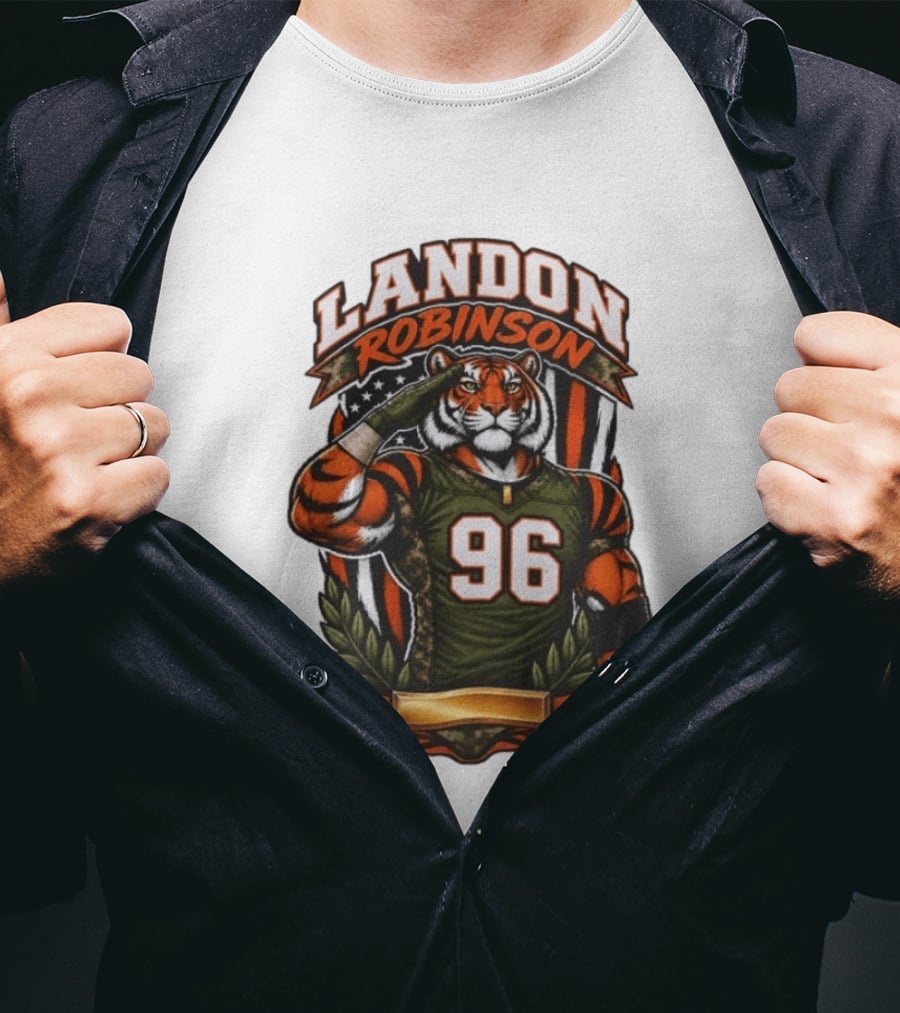 Landon Robinson 96 Tiger American Flag Salute T-Shirt